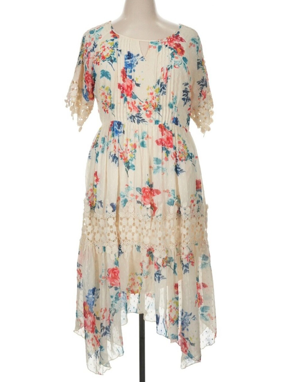Reba Cream Floral Lace Trim Midi Dress